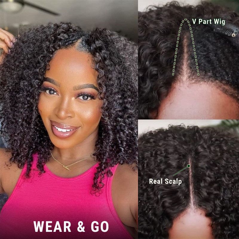 Virgin Human Hair Afro Kinky Curly V Part Wigs - 图片 2
